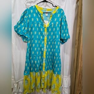 Teal and Yellow Floral Button-Front Tunic Dress UNCLE FRANK